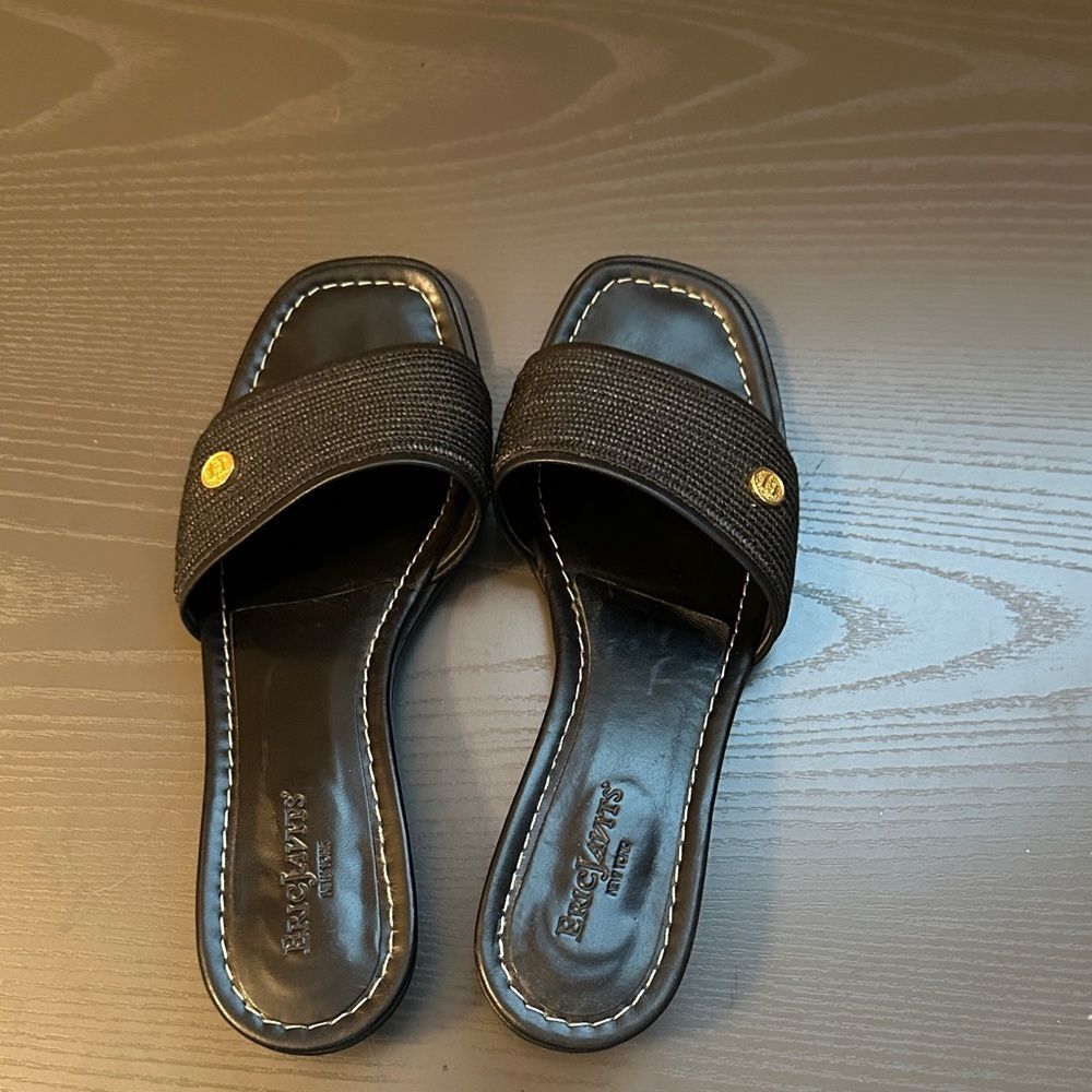 Eric Javits Black Slide Sandals with Gold Accent